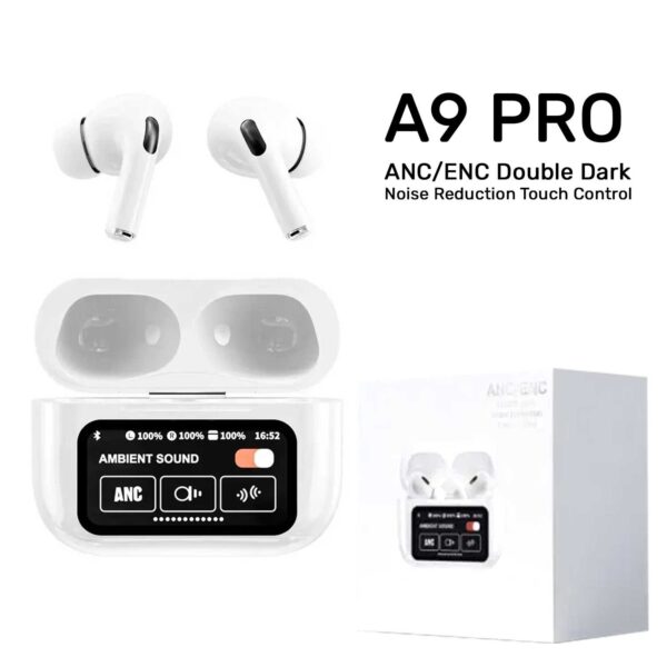 A9 Pro Airpods ANC/ENC Touch Screen Wireless Earbuds | Noise Cancellation | High Quality Sound | Smart Touch Screen Control Colour (Only White)